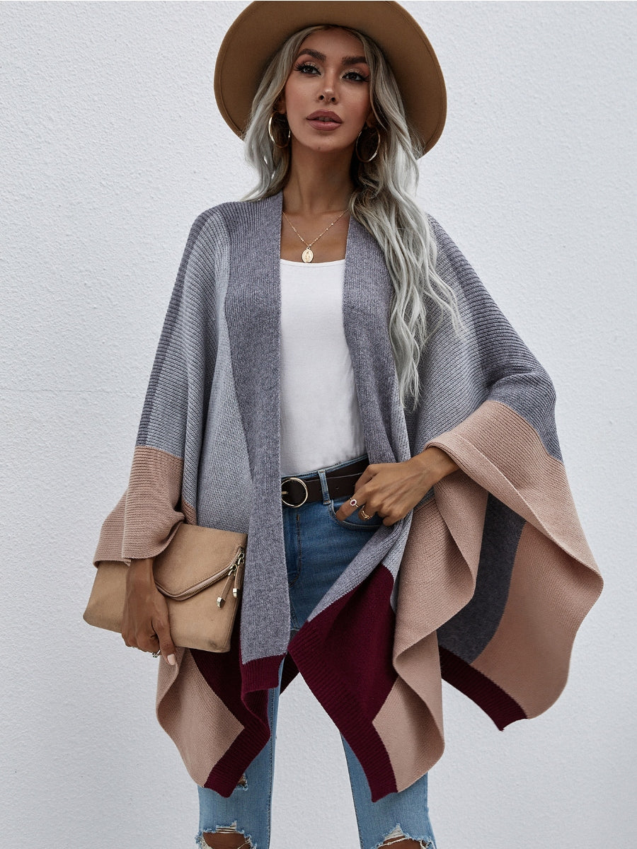 Calistally | Color Block Knit Ruana - Grey & Beige