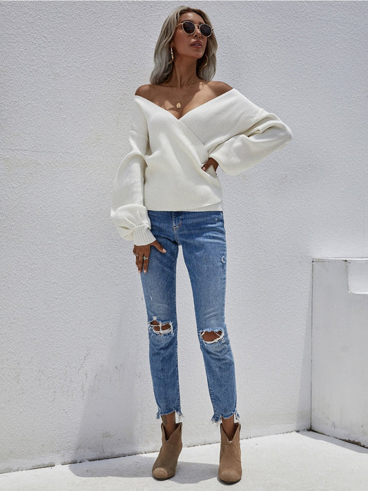 Calistally | Lantern-Sleeve V-Neck Wrap Knit Top - White