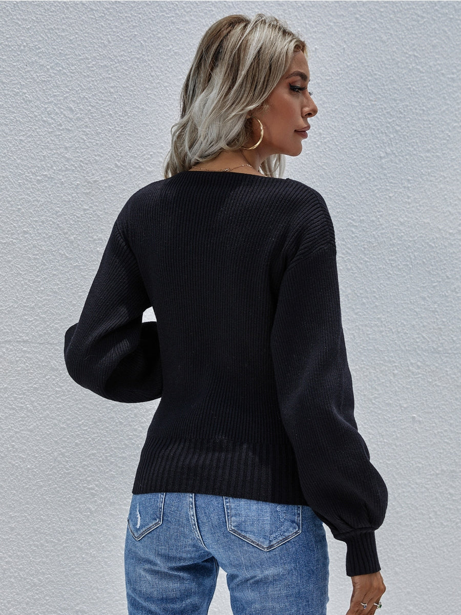 Calistally | Lantern-Sleeve V-Neck Wrap Knit Top - Black