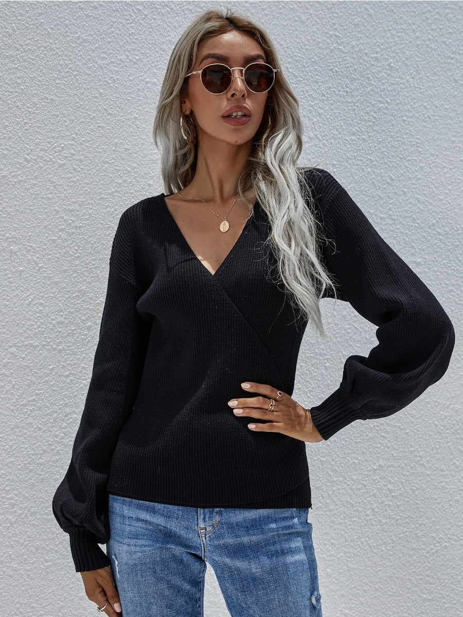 Calistally | Lantern-Sleeve V-Neck Wrap Knit Top - Black