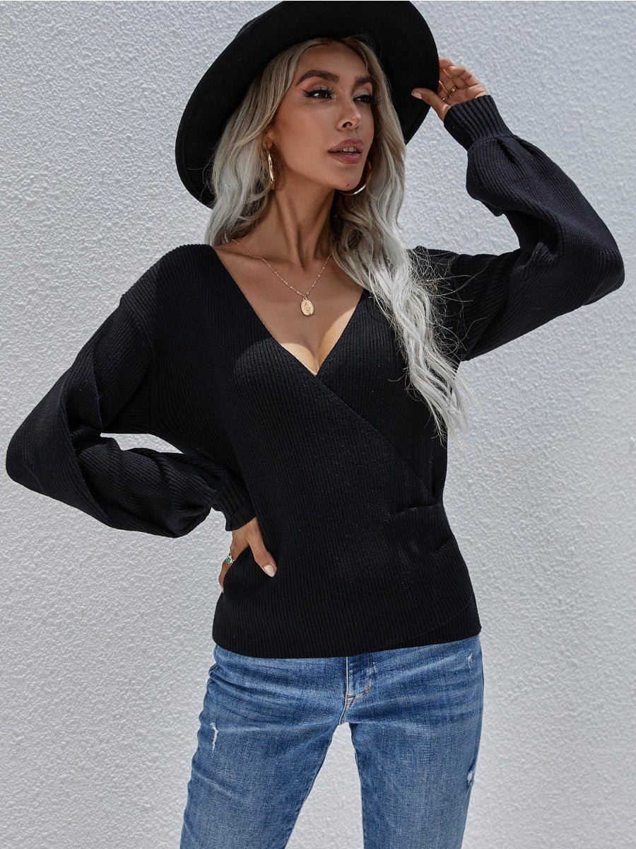 Calistally | Lantern-Sleeve V-Neck Wrap Knit Top - Black