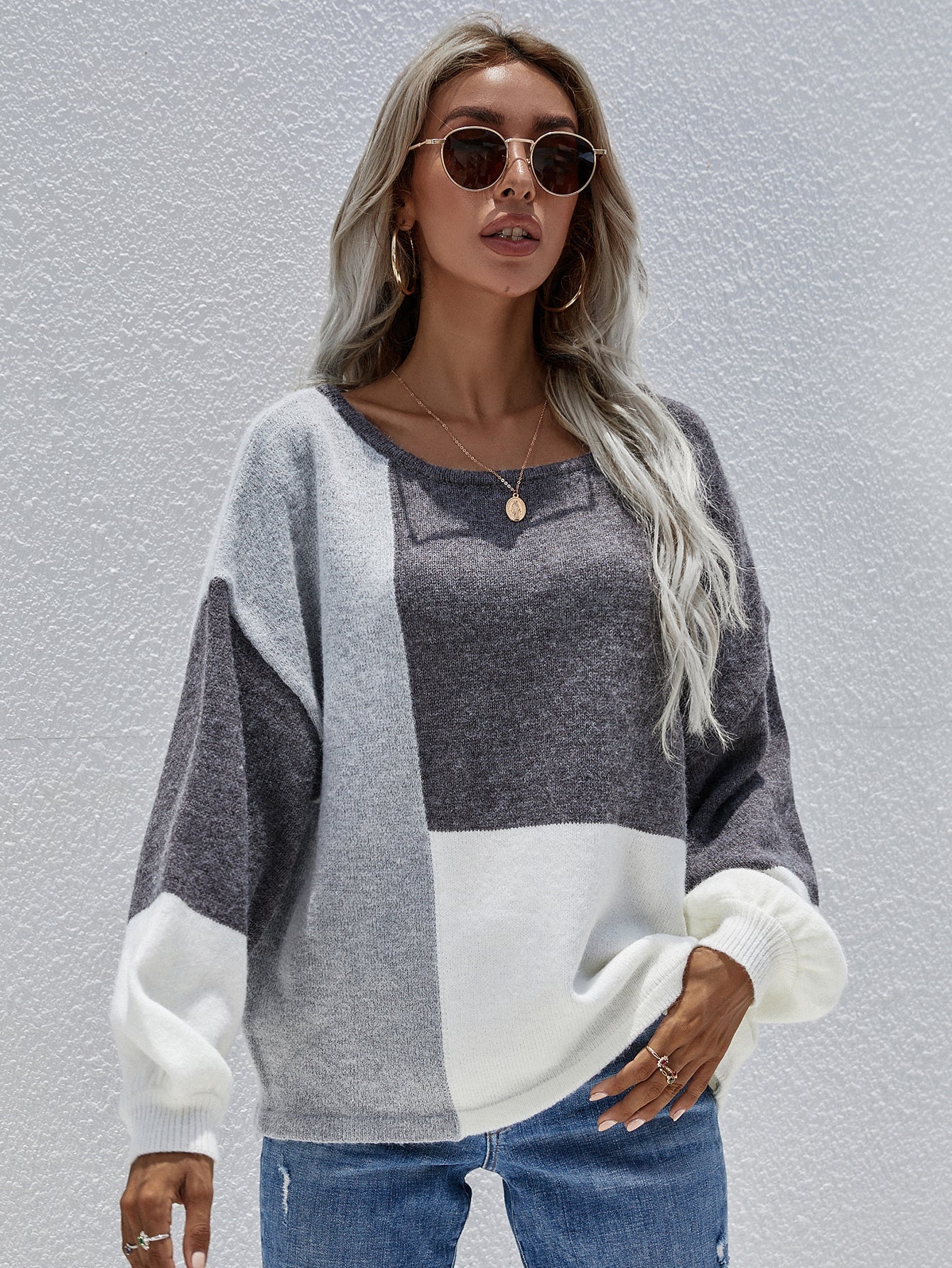 Calistally | Color Block Pattern Knit Sweater - Grey