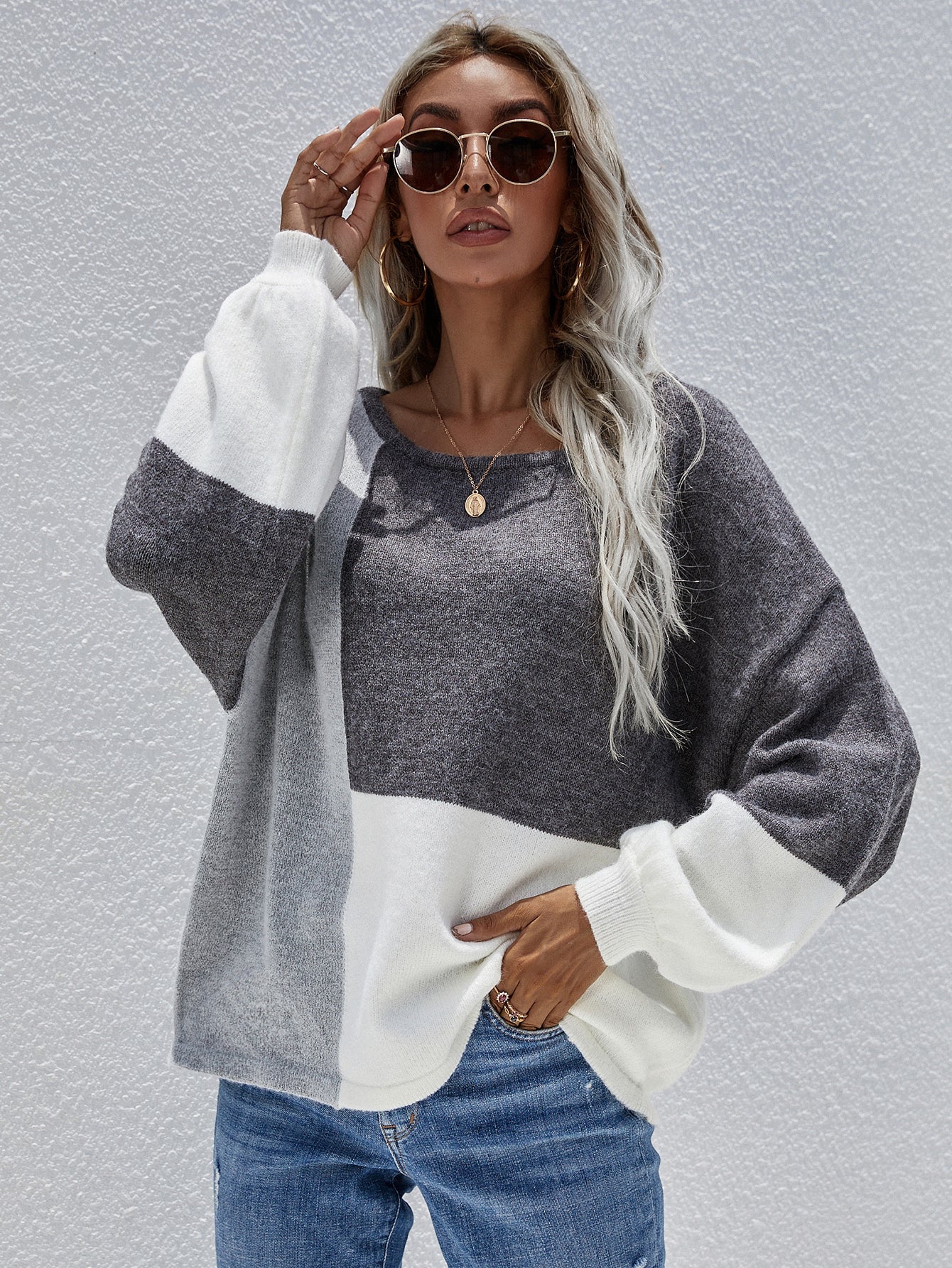 Calistally | Color Block Pattern Knit Sweater - Grey