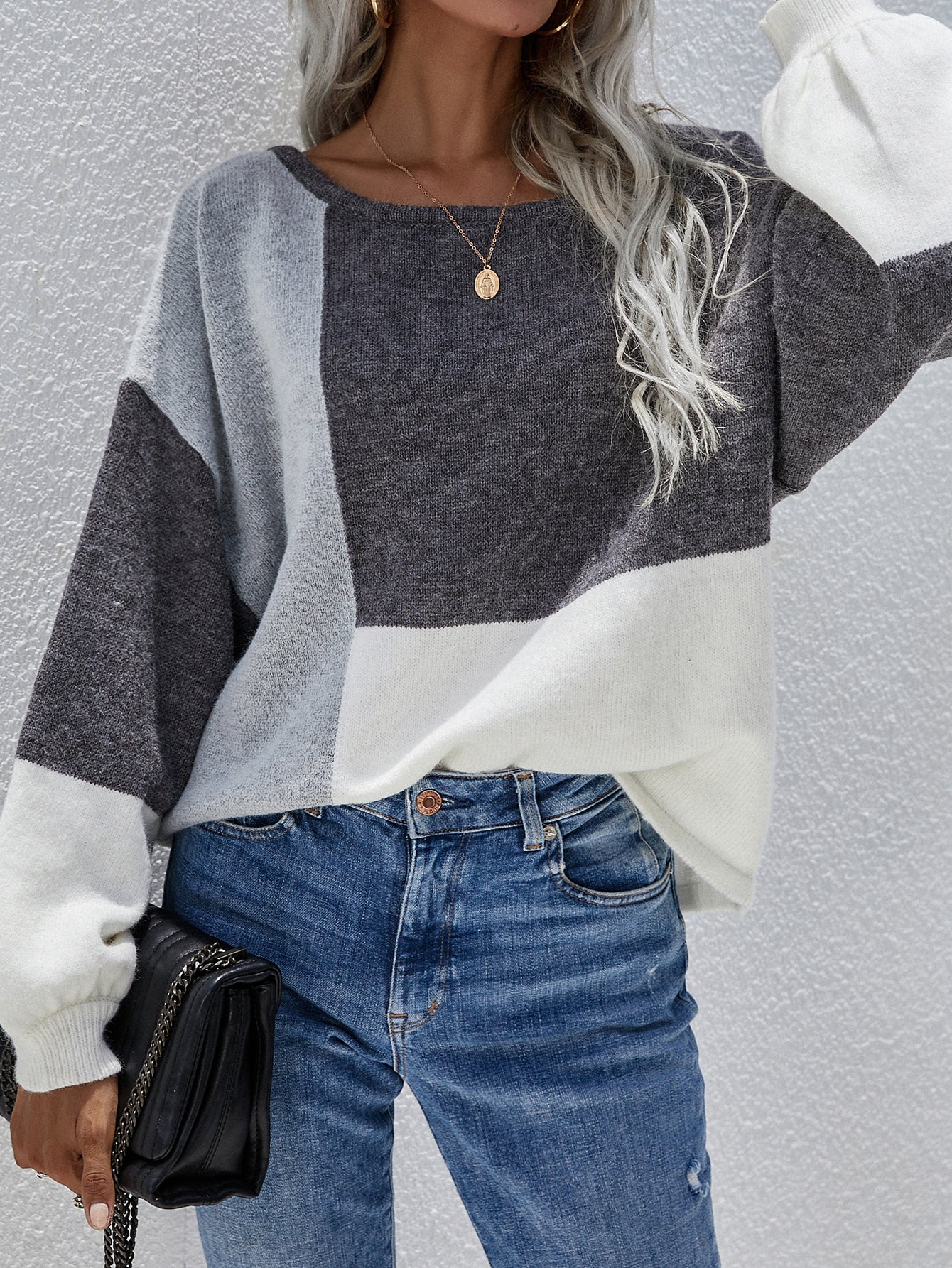 Calistally | Color Block Pattern Knit Sweater - Grey