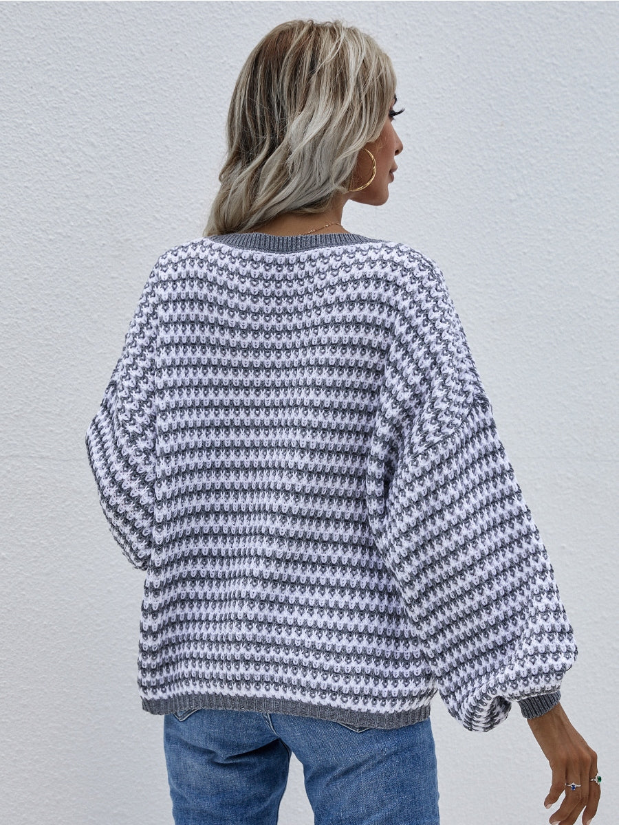 Calistally | Puff sleeve V-Neck Sweater - Grey