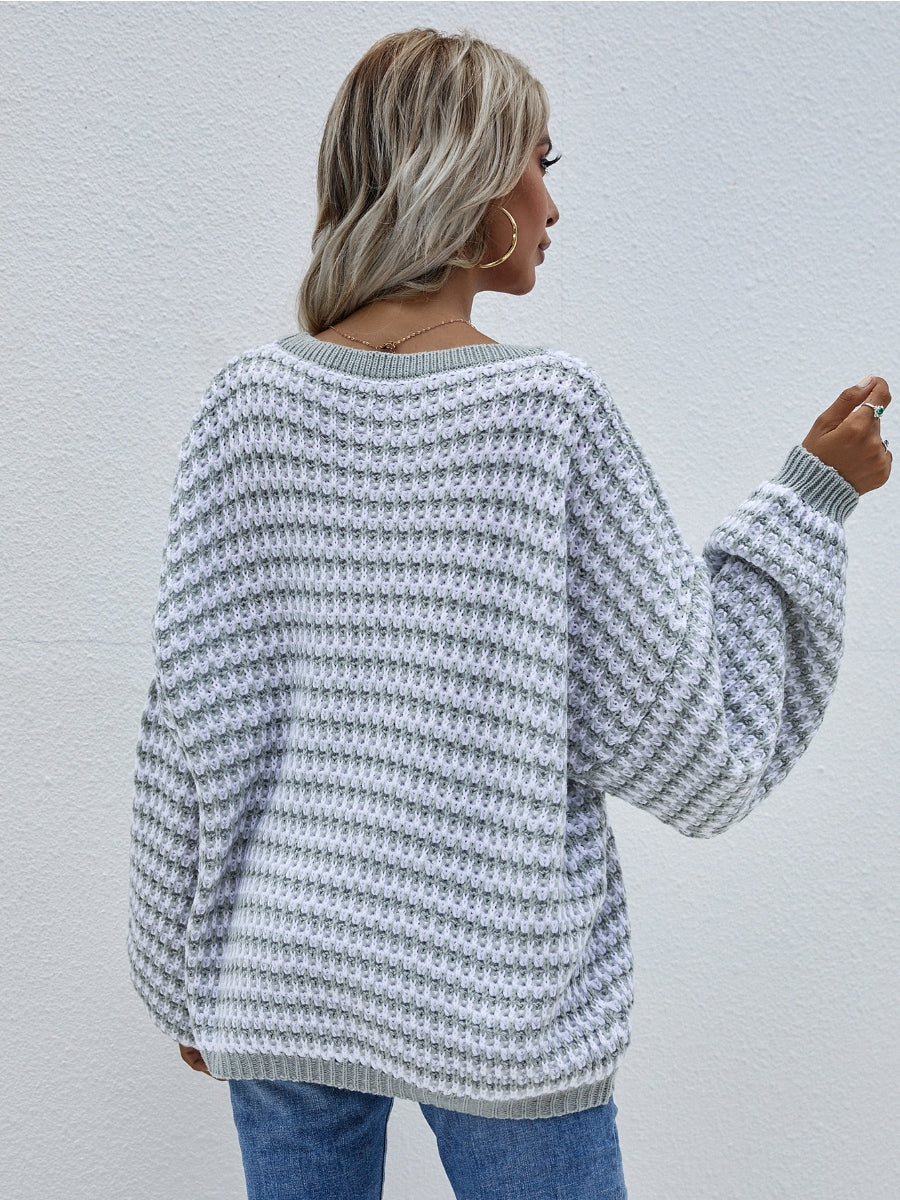 Calistally | Puff sleeve V-Neck Sweater - Smoke