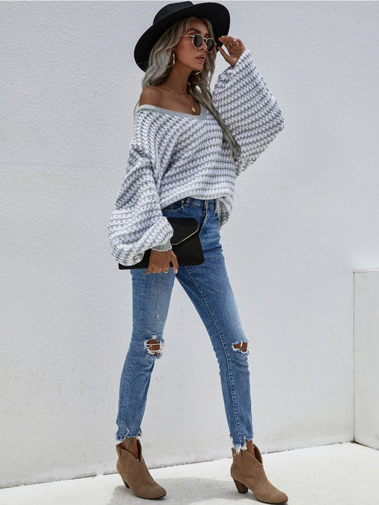 Calistally | Puff sleeve V-Neck Sweater - Smoke