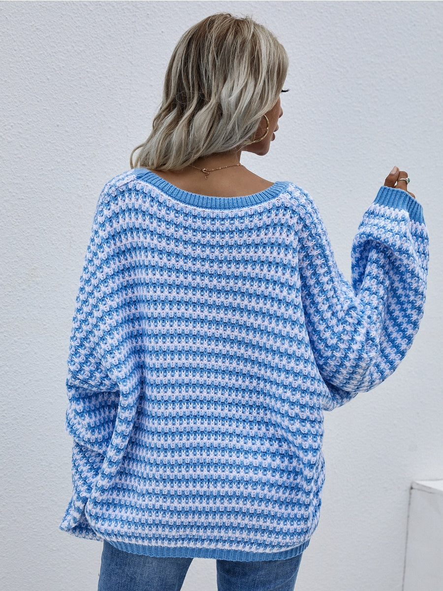 Calistally | Puff sleeve V-Neck Sweater - Blue