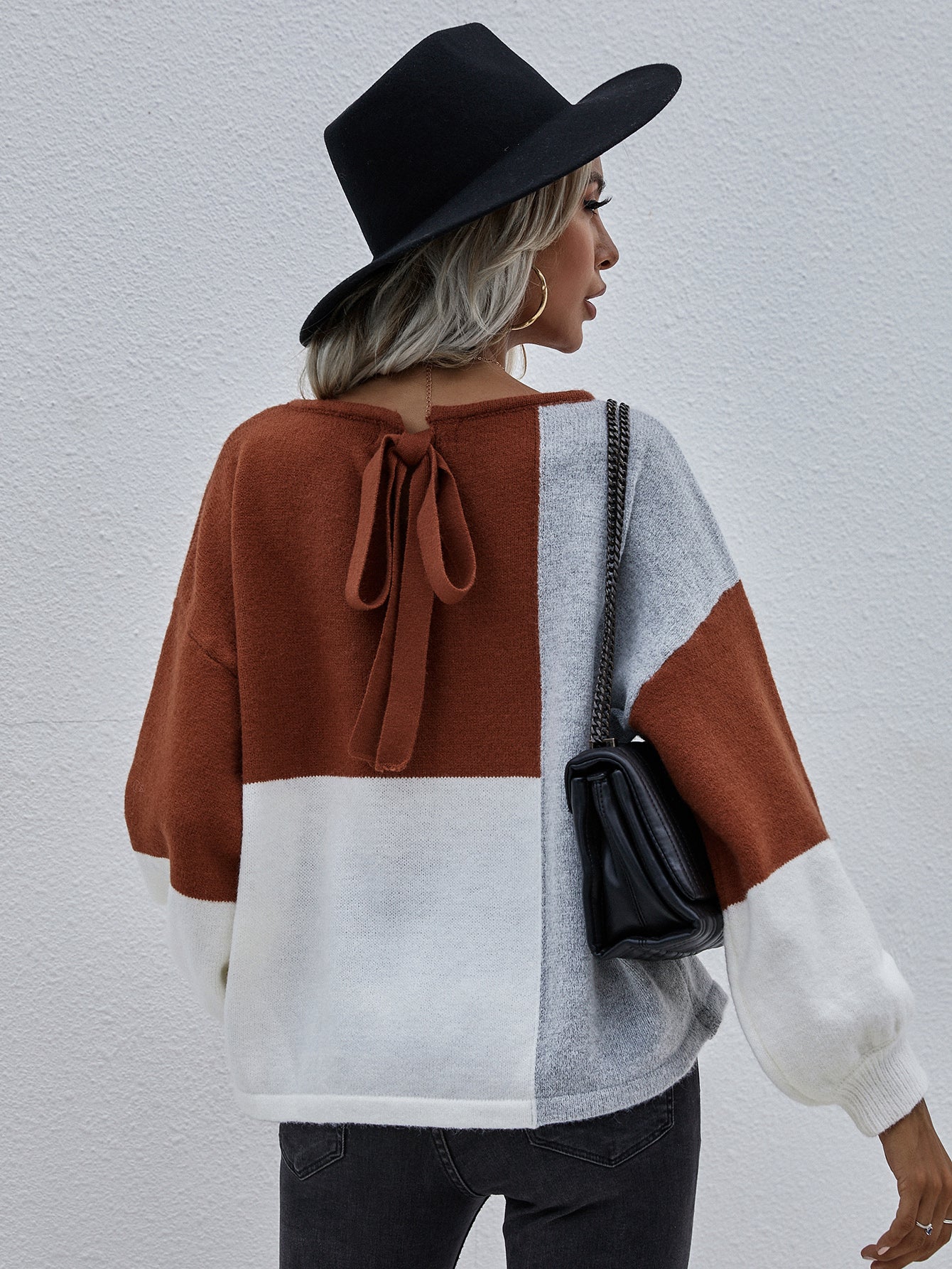 Calistally | Color Block Pattern Knit Sweater - Brown