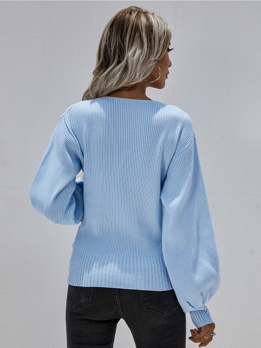 Calistally | Lantern-Sleeve V-Neck Wrap Knit Top - Blue