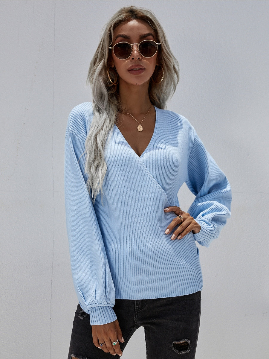 Calistally | Lantern-Sleeve V-Neck Wrap Knit Top - Blue