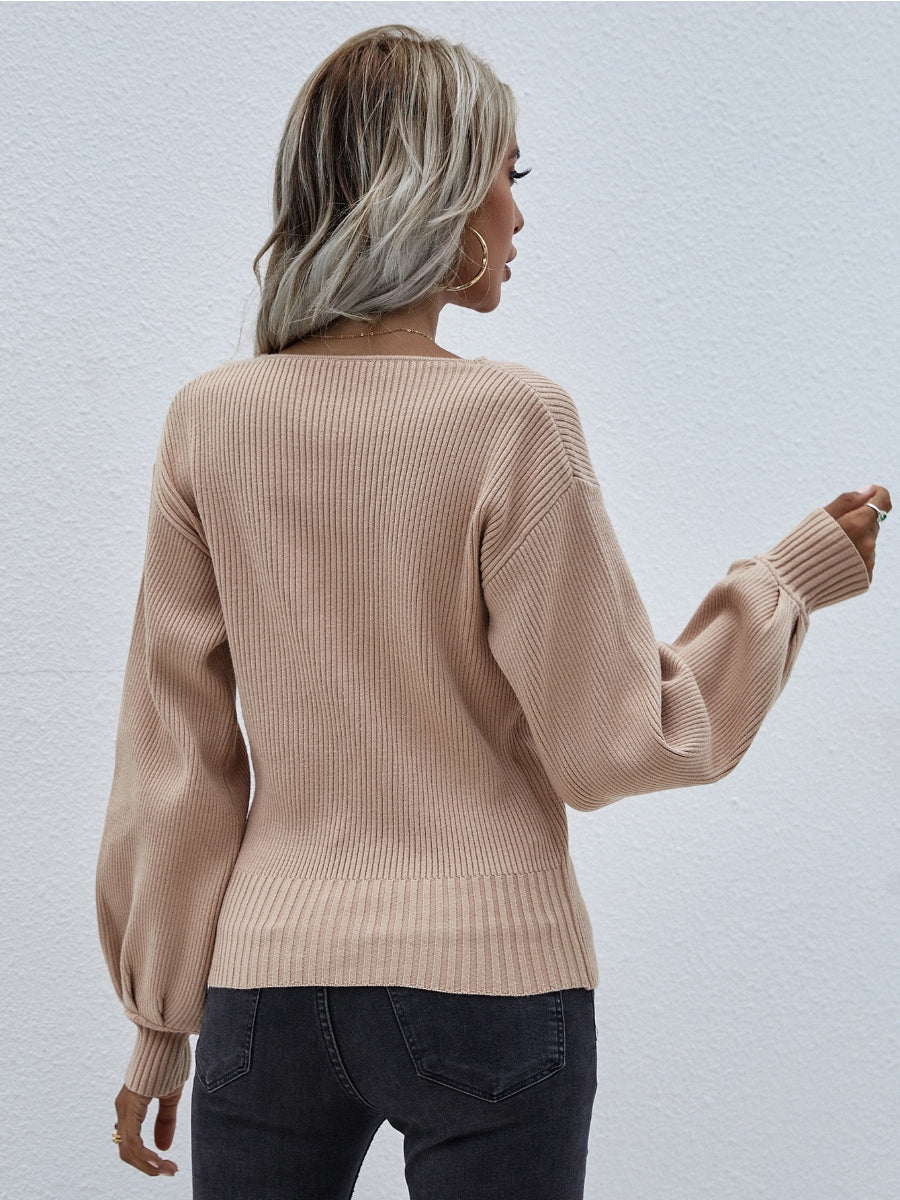 Calistally | Lantern-Sleeve V-Neck Wrap Knit Top - Beige