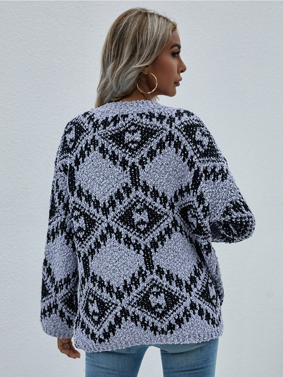 Calistally | Geometric Pattern Lantern Sleeve Sweater - Grey