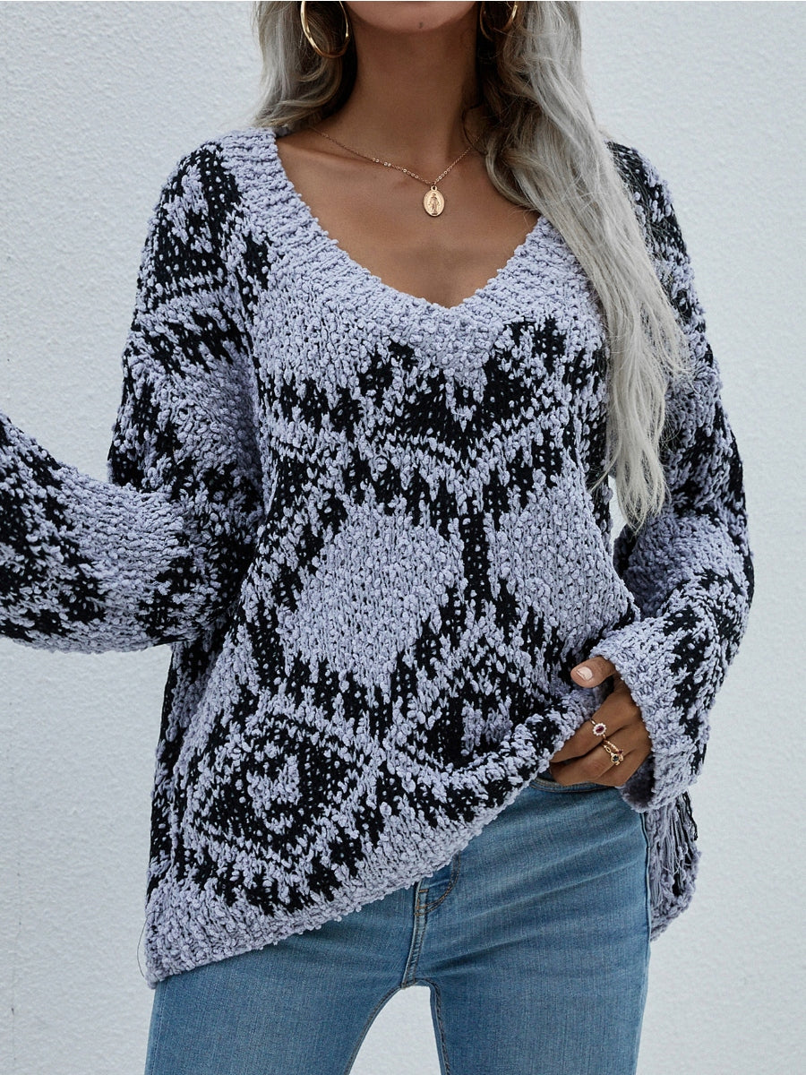 Calistally | Geometric Pattern Lantern Sleeve Sweater - Grey