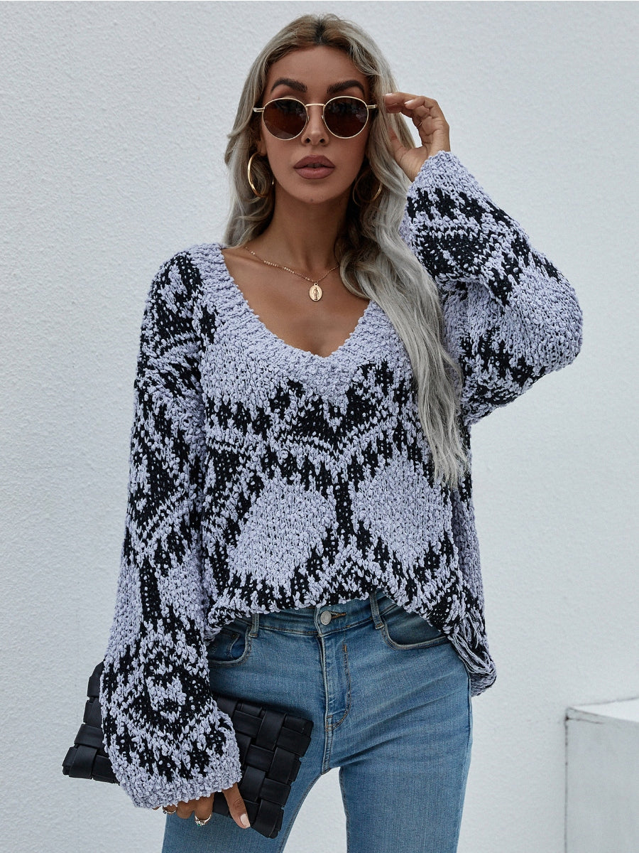 Calistally | Geometric Pattern Lantern Sleeve Sweater - Grey