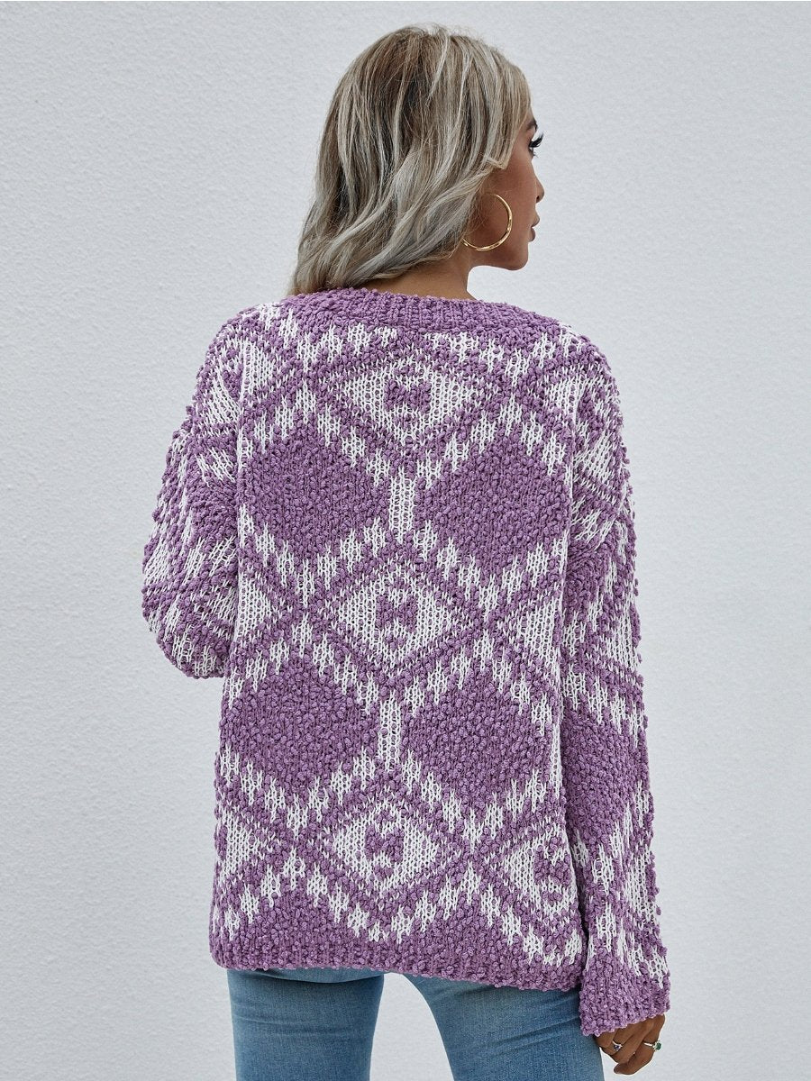 Calistally Doll | Purple Geometric Pattern Lantern Sleeve Sweater