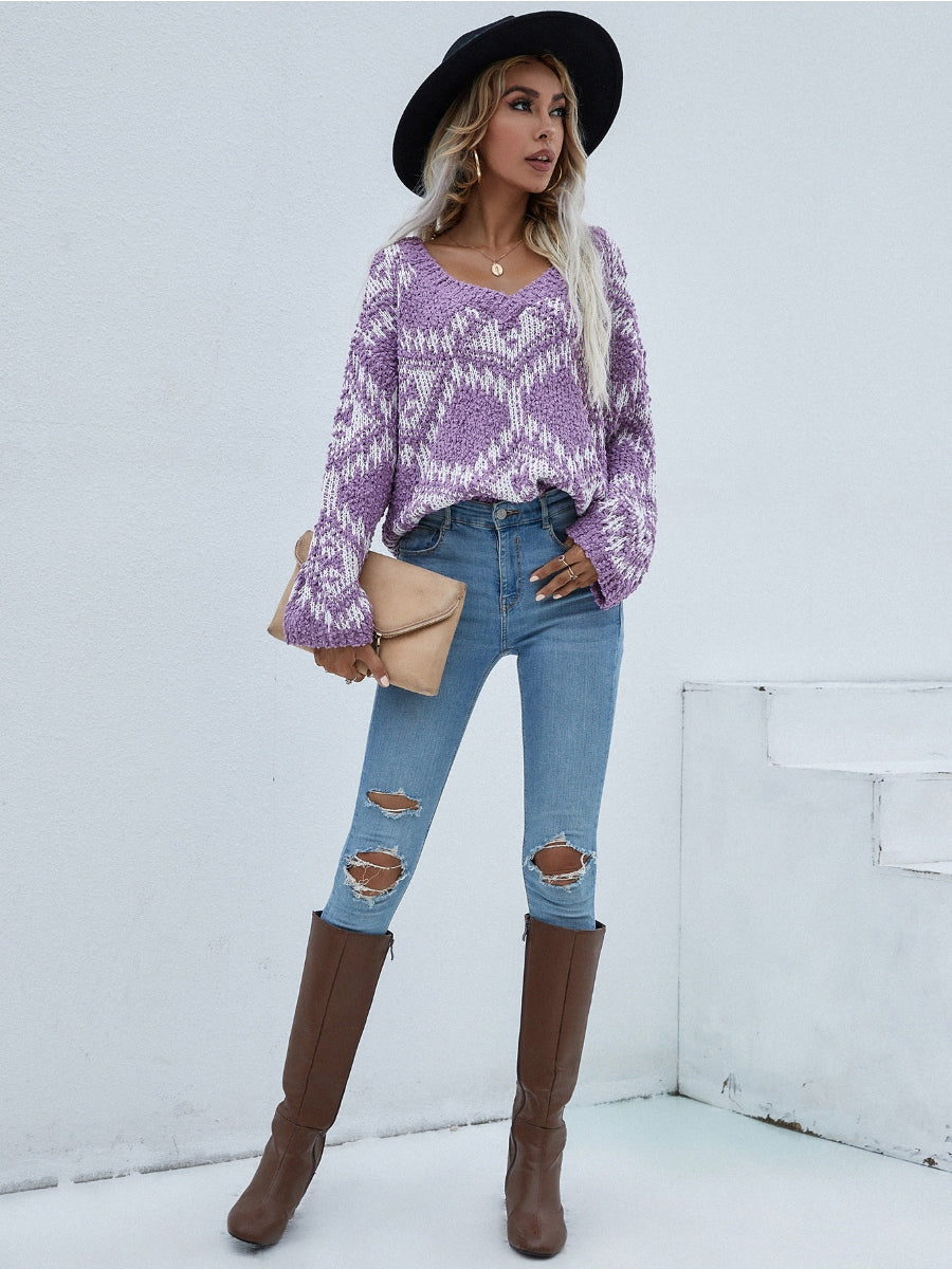Calistally | Geometric Pattern Lantern Sleeve Sweater - Purple