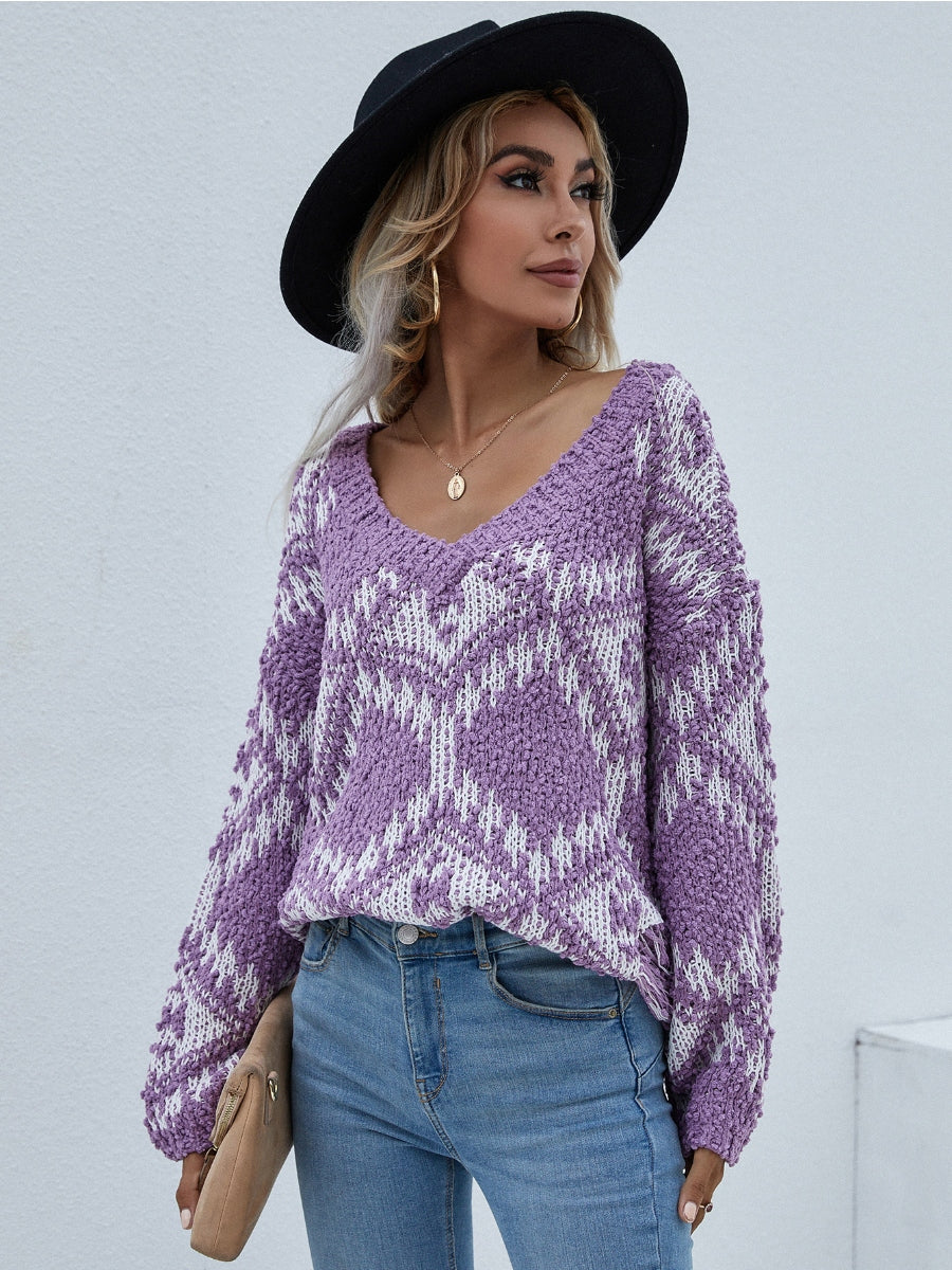 Calistally | Geometric Pattern Lantern Sleeve Sweater - Purple