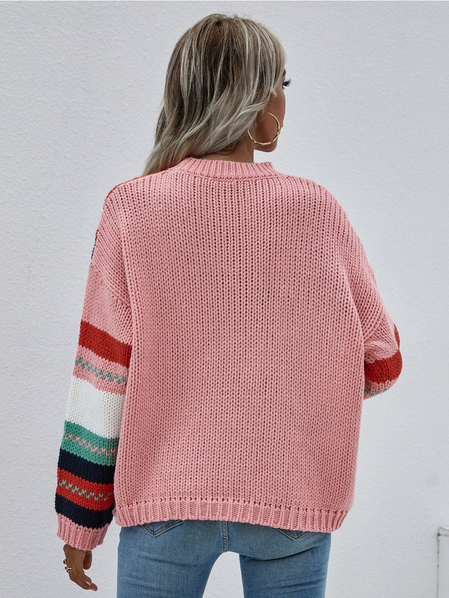 Calistally | Stripe Color-Block Knit Long-Sleeve Top - Pink