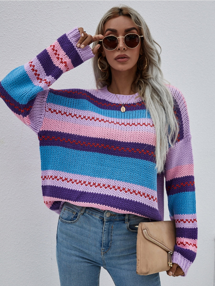 Calistally | Stripe Color-Block Knit Long-Sleeve Top - Lalic