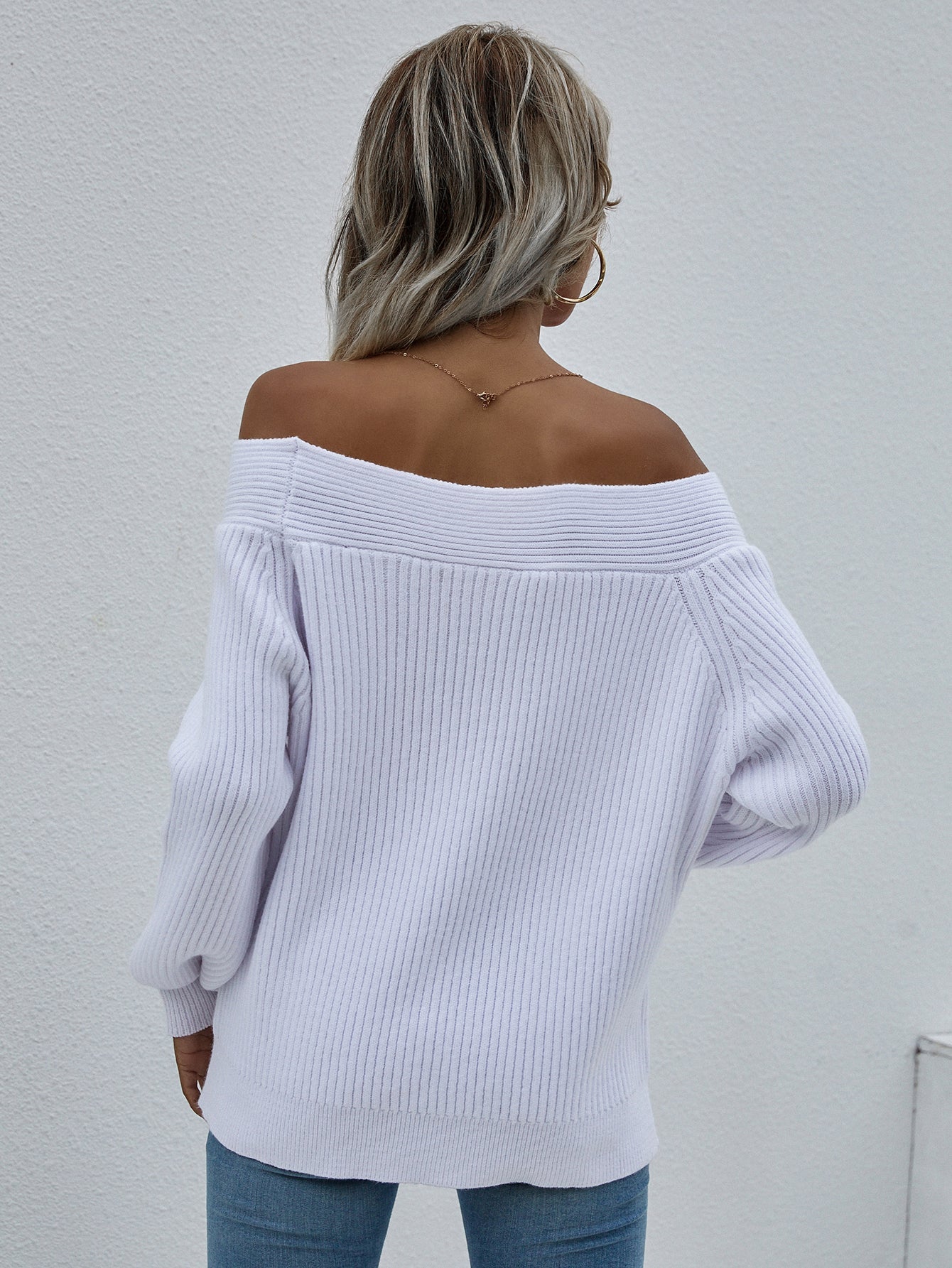 Calistally | White Bell-Sleeve Off-Shoulder Knit Sweater