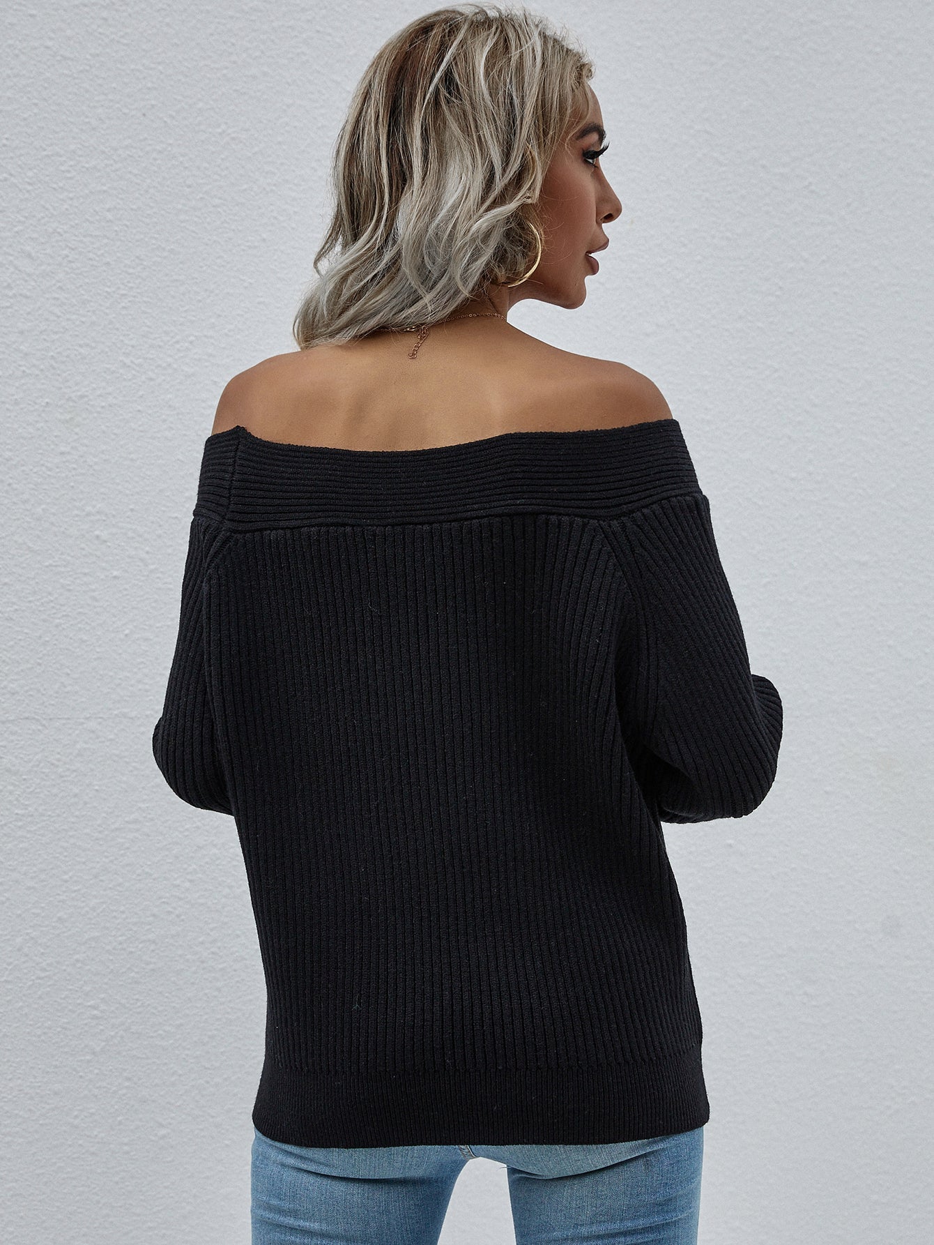 Calistally | Black Bell-Sleeve Off-Shoulder Knit Sweater