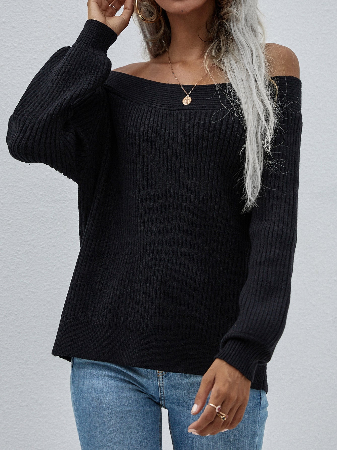 Calistally | Black Bell-Sleeve Off-Shoulder Knit Sweater