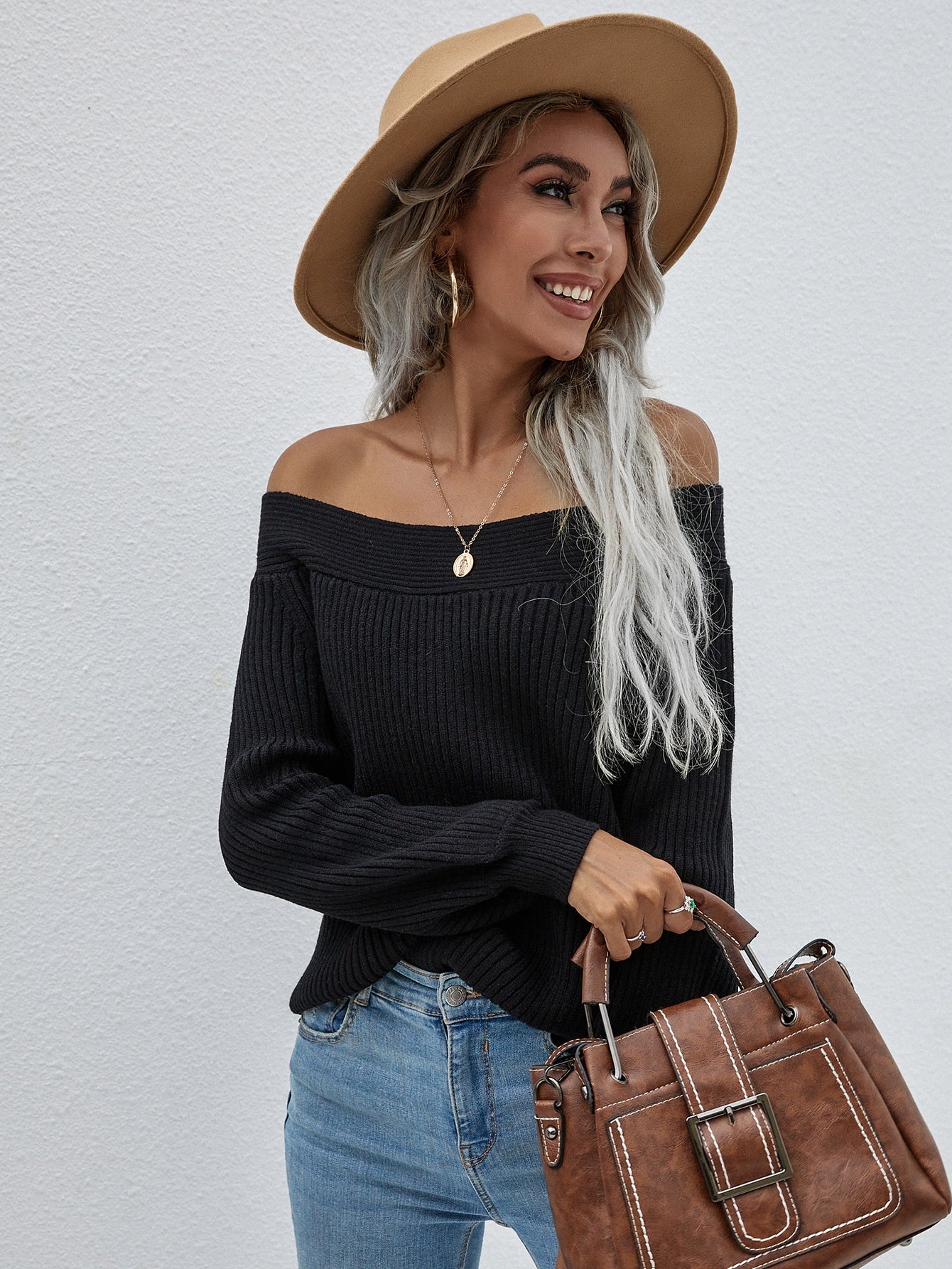 Calistally | Black Bell-Sleeve Off-Shoulder Knit Sweater