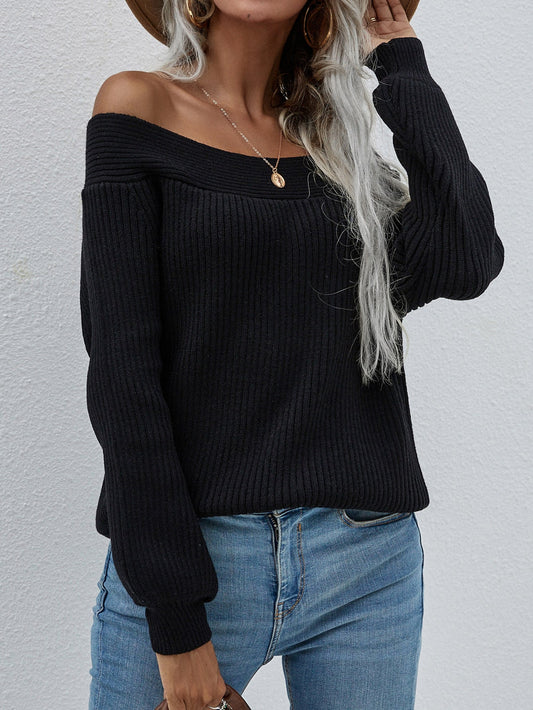 Calistally | Black Bell-Sleeve Off-Shoulder Knit Sweater