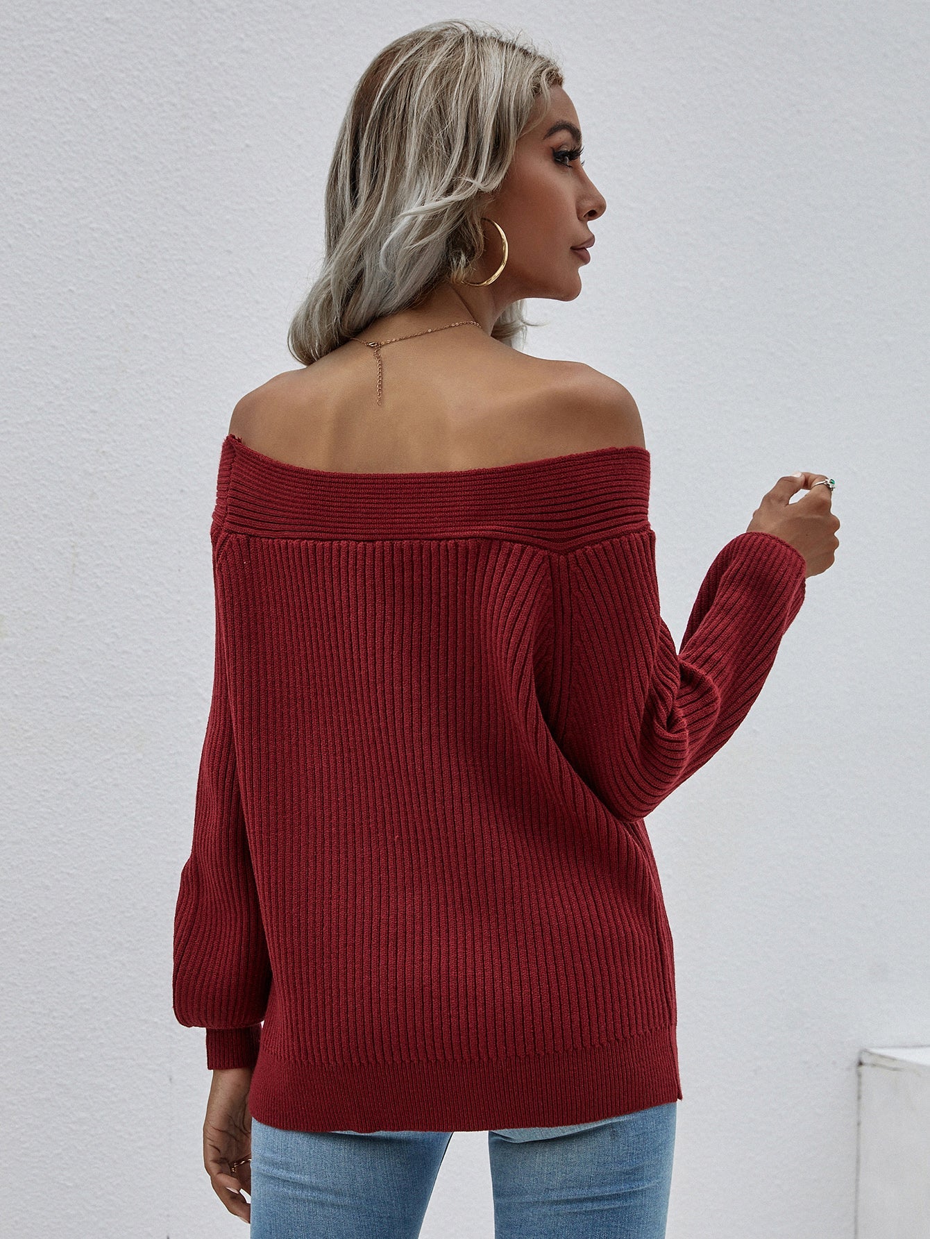 Calistally | Maroon Bell-Sleeve Off-Shoulder Knit Sweater