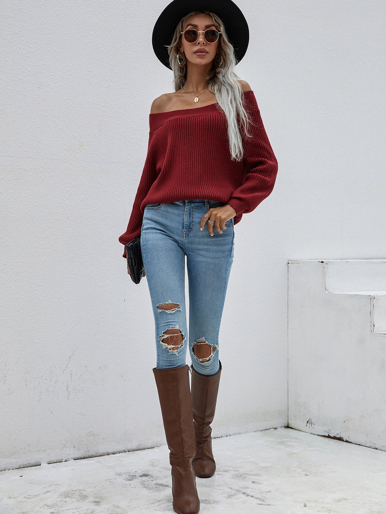 Calistally | Maroon Bell-Sleeve Off-Shoulder Knit Sweater