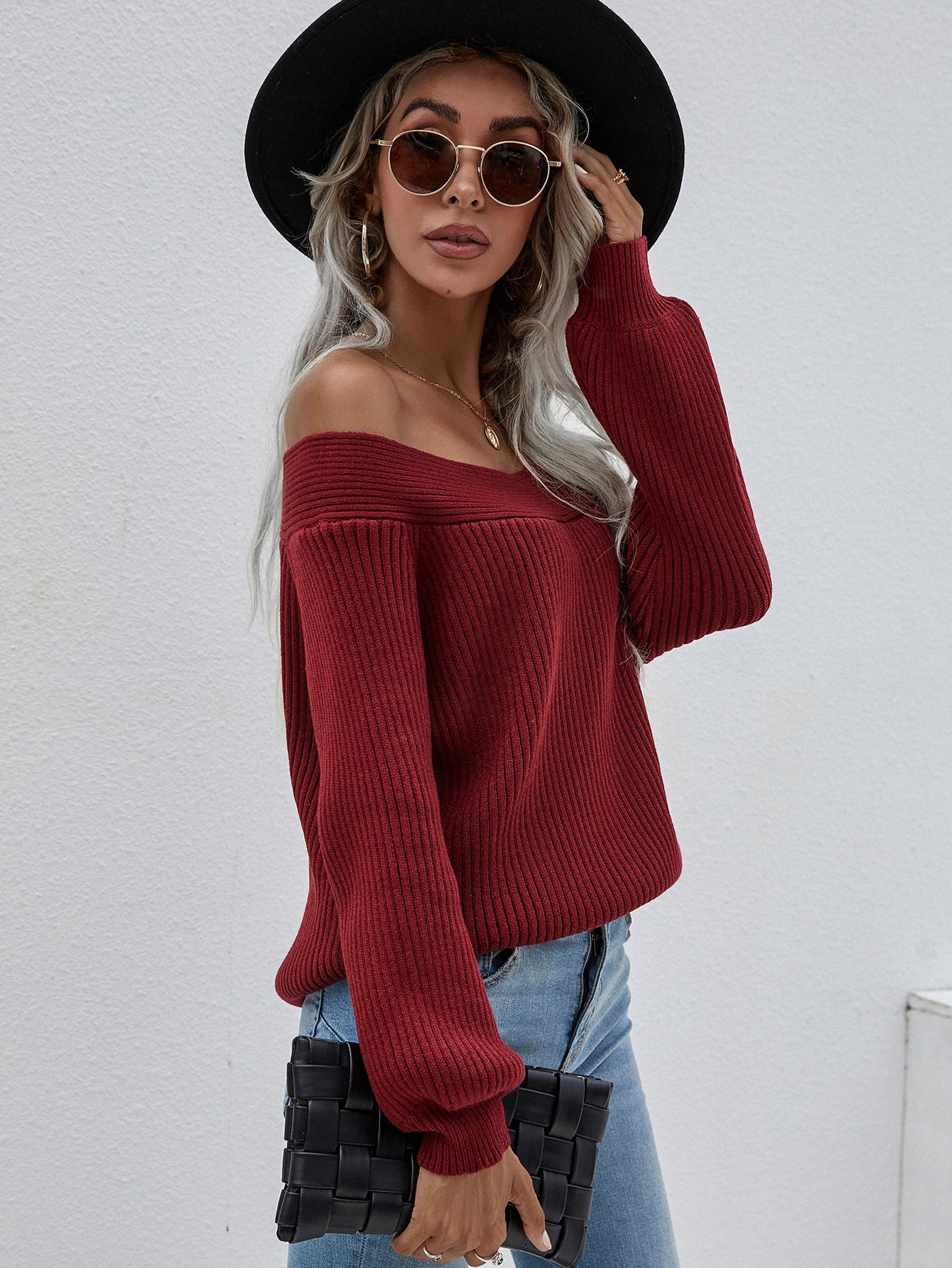 Calistally | Maroon Bell-Sleeve Off-Shoulder Knit Sweater