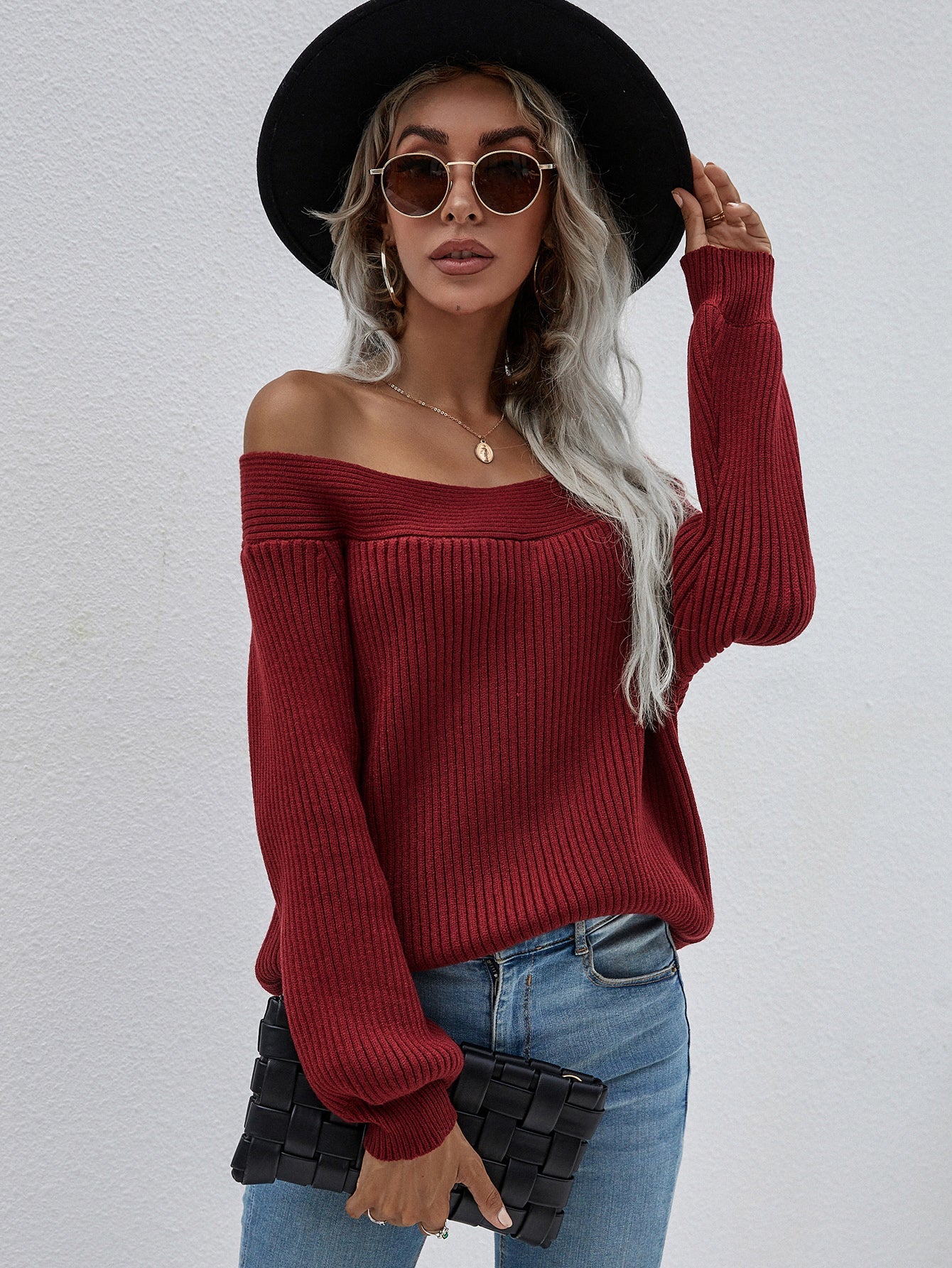 Calistally | Maroon Bell-Sleeve Off-Shoulder Knit Sweater