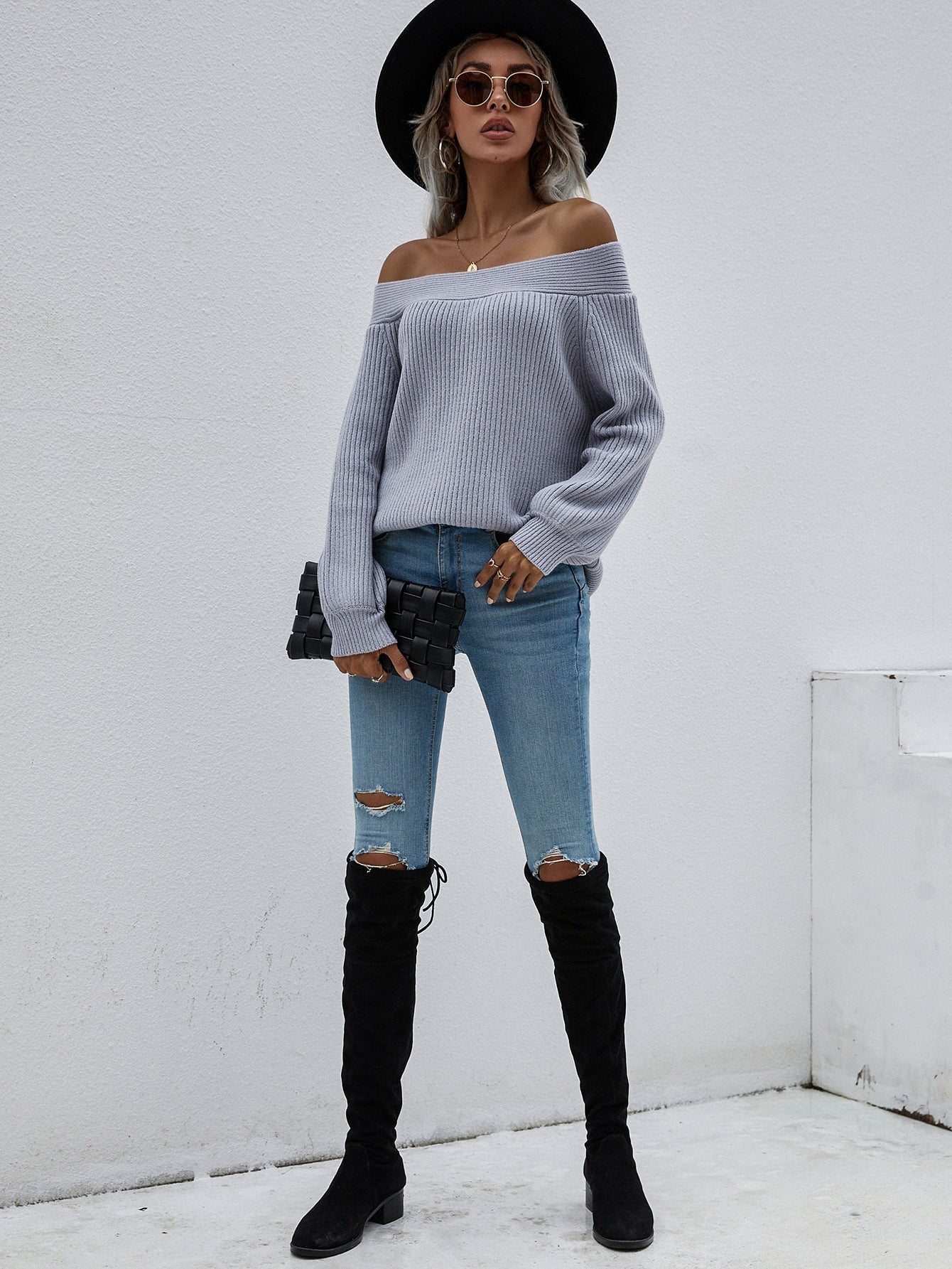 Calistally | Grey Bell-Sleeve Off-Shoulder Knit Sweater