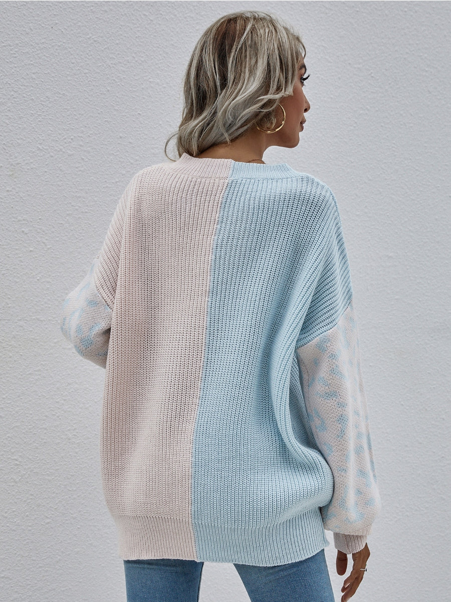 Calistally | Color-Block Lantern Sleeve Sweater - Blue & Beige Leopard