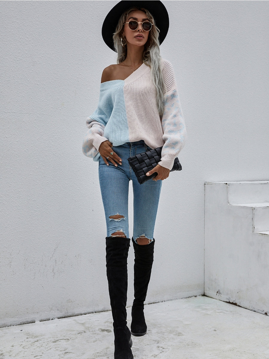 Calistally | Color-Block Lantern Sleeve Sweater - Blue & Beige Leopard