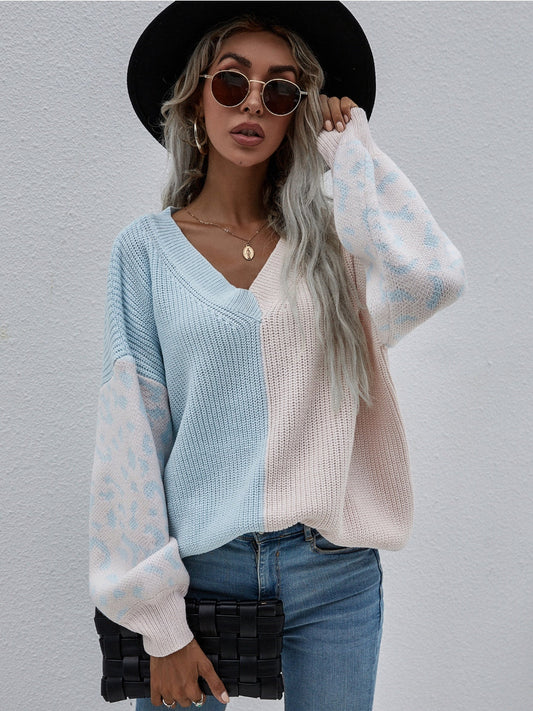 Calistally | Color-Block Lantern Sleeve Sweater - Blue & Beige Leopard