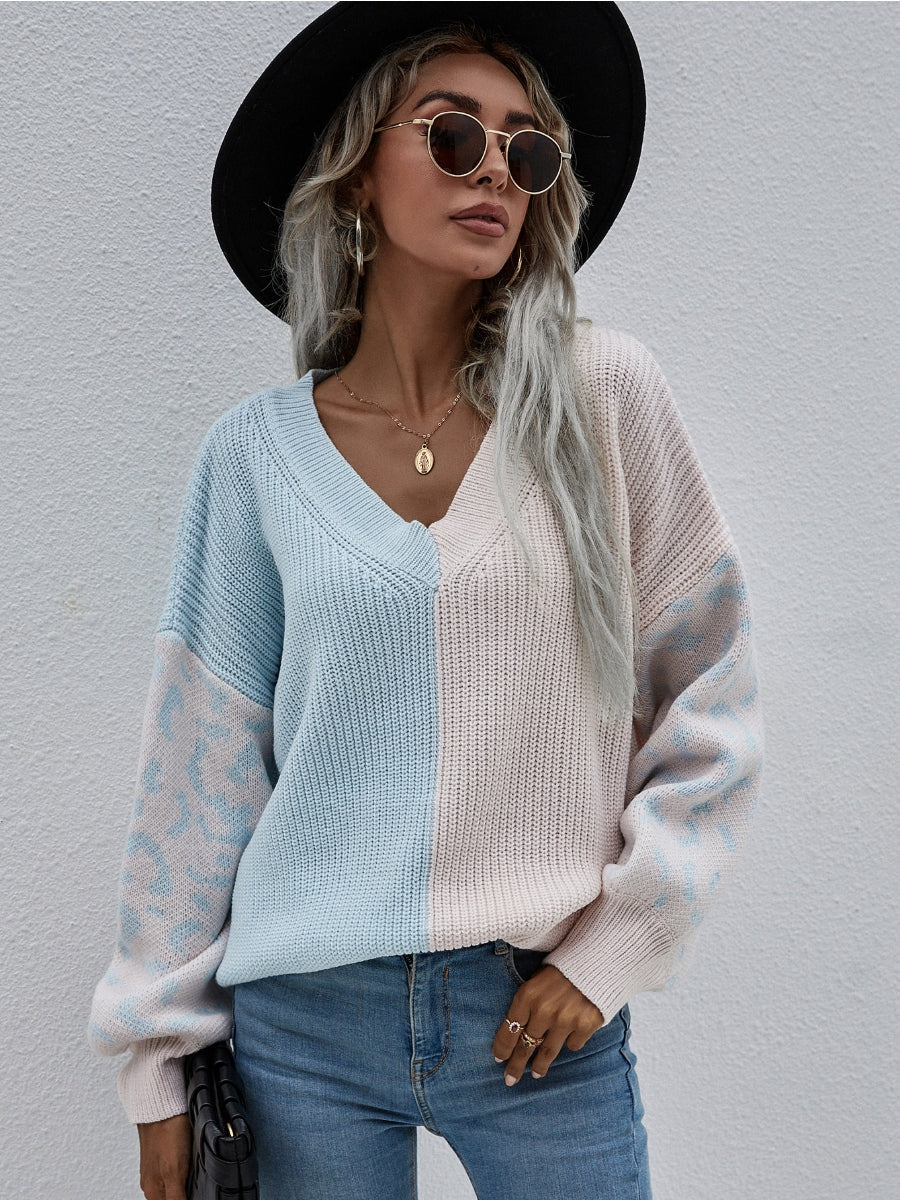 Calistally | Color-Block Lantern Sleeve Sweater - Blue & Beige Leopard