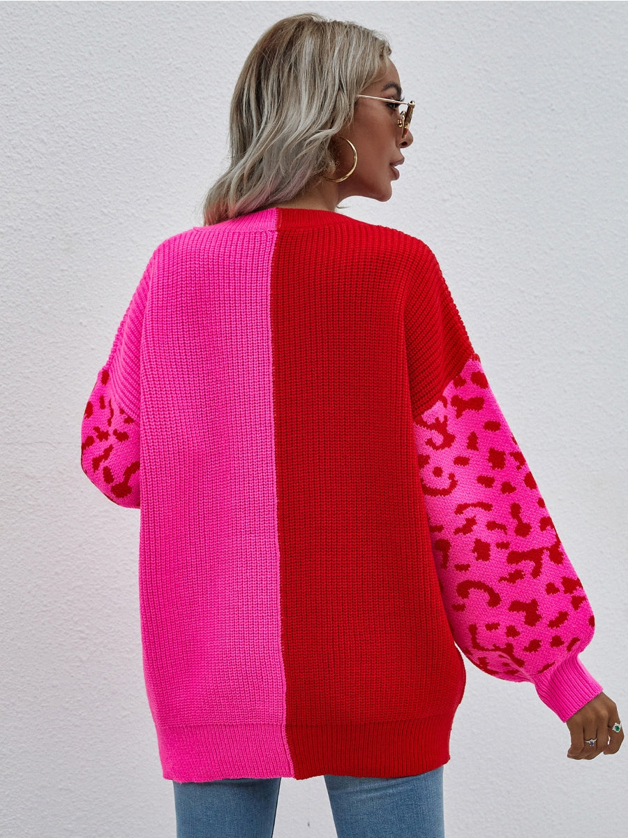 Calistally | Color-Block Lantern Sleeve Sweater - Fuchisa Leopard
