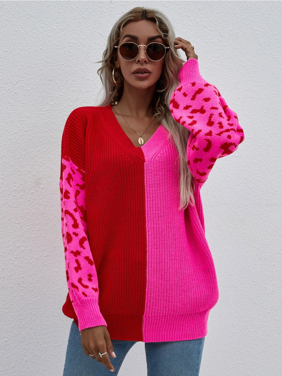 Calistally | Color-Block Lantern Sleeve Sweater - Fuchisa Leopard