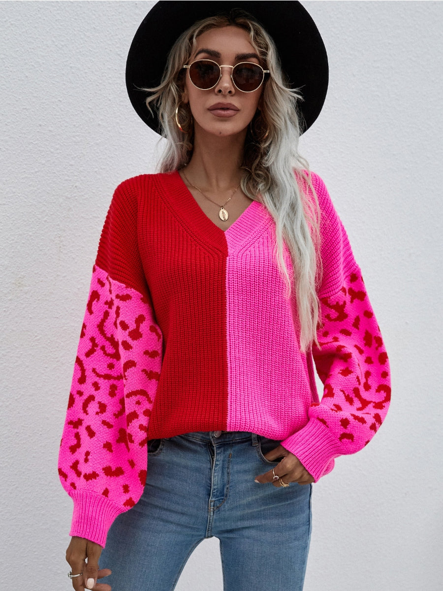 Calistally | Color-Block Lantern Sleeve Sweater - Fuchisa Leopard