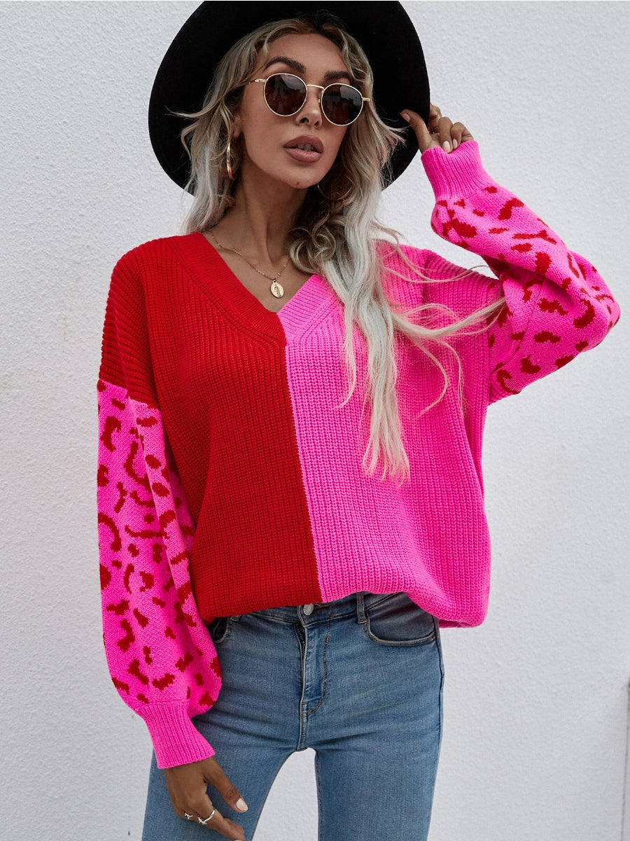 Calistally | Color-Block Lantern Sleeve Sweater - Fuchisa Leopard