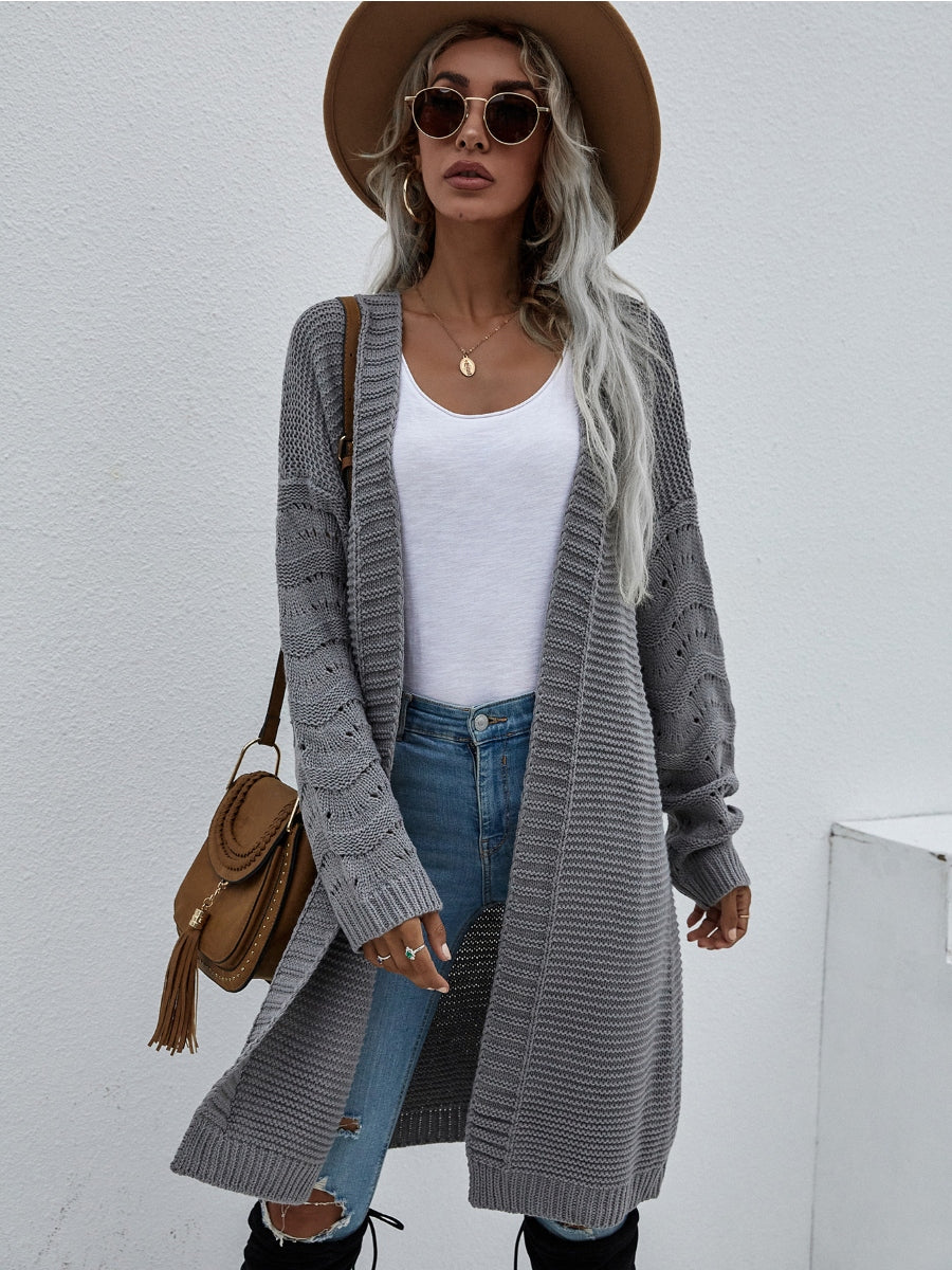 Calistally | Braid Open Knit Long Cardigan - Grey