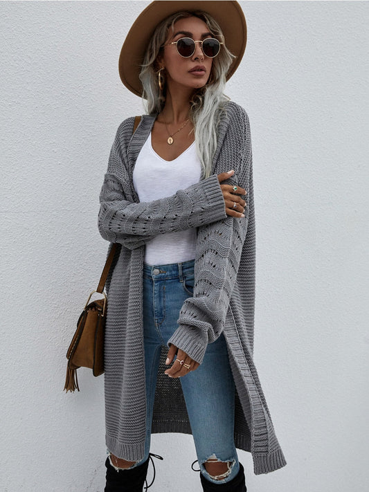 Calistally | Braid Open Knit Long Cardigan - Grey