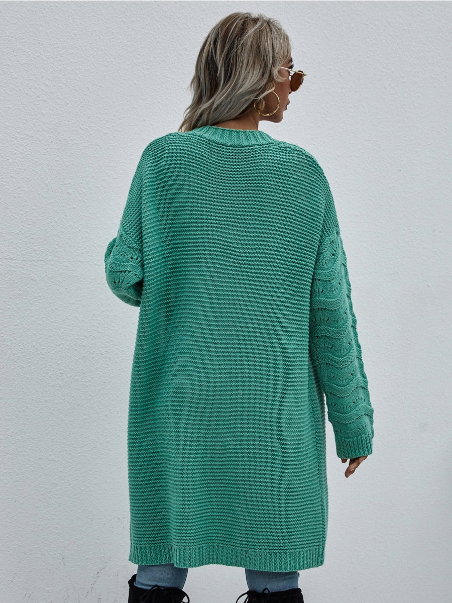 Calistally | Braid Open Knit Long Cardigan - Green