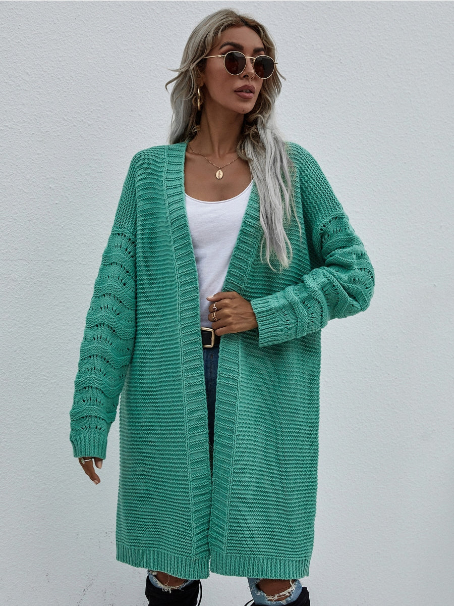 Calistally | Braid Open Knit Long Cardigan - Green
