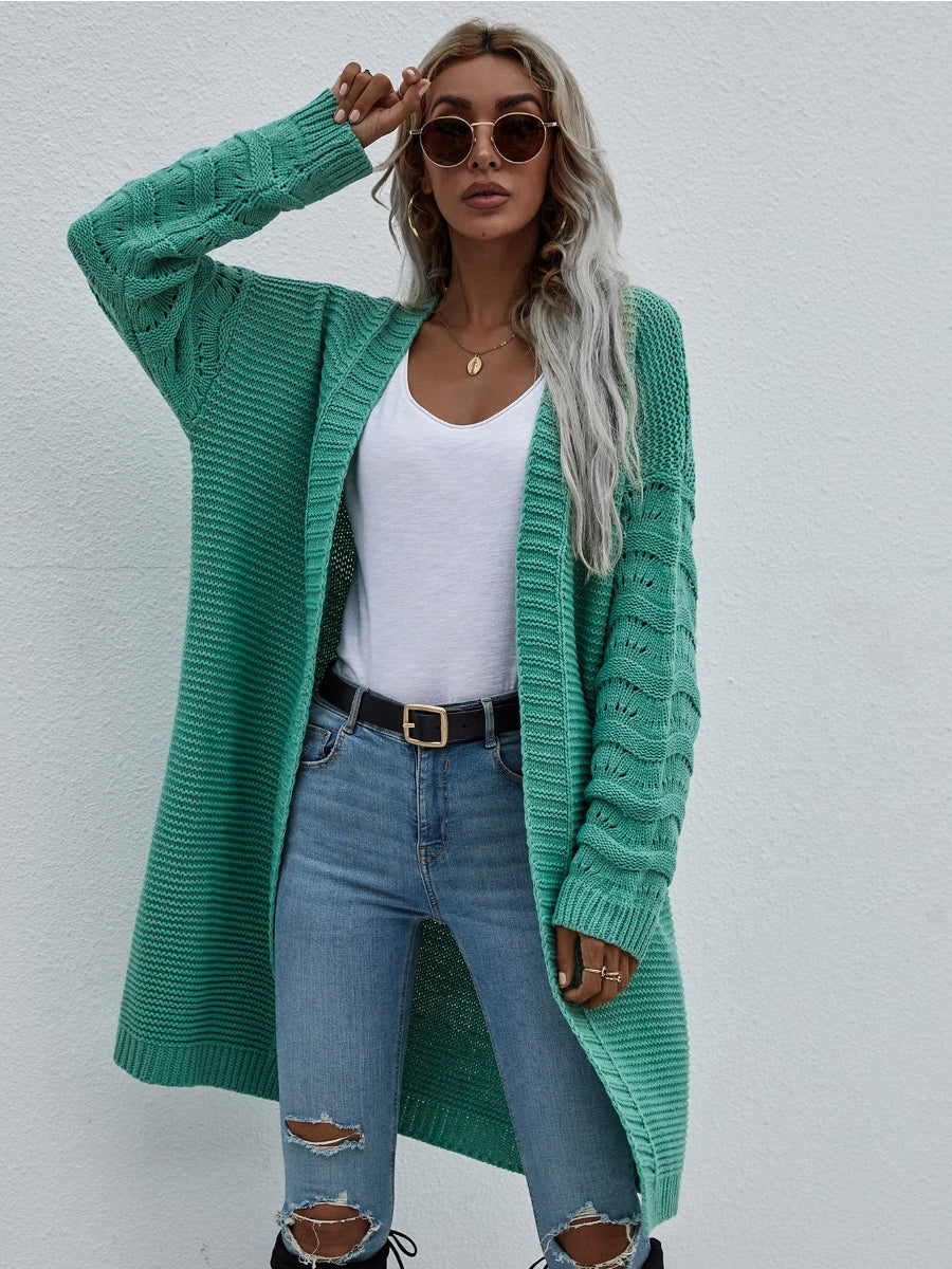 Calistally | Braid Open Knit Long Cardigan - Green