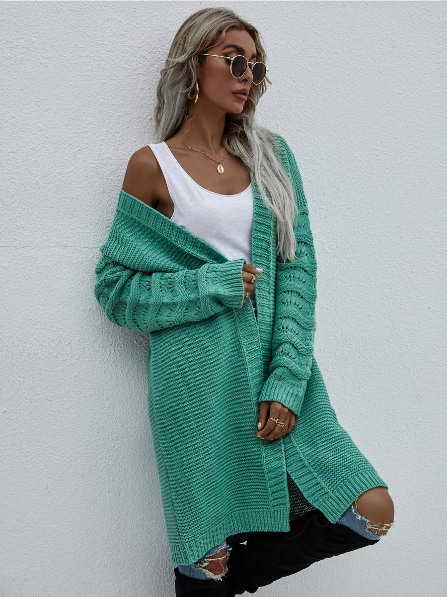 Calistally | Braid Open Knit Long Cardigan - Green