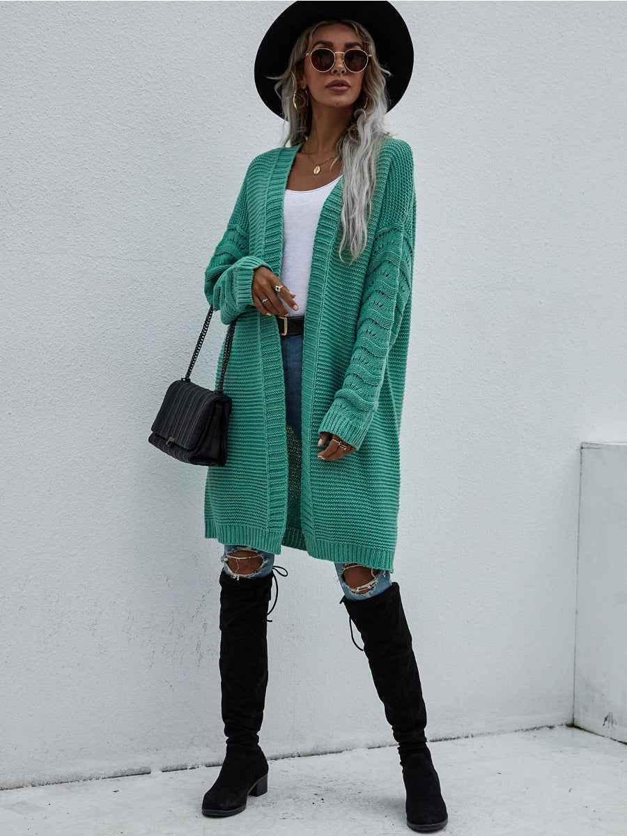 Calistally | Braid Open Knit Long Cardigan - Green