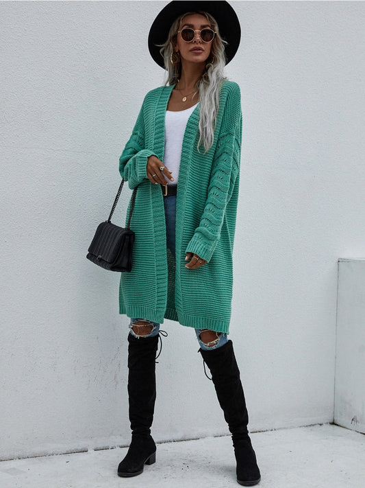 Calistally | Braid Open Knit Long Cardigan - Green